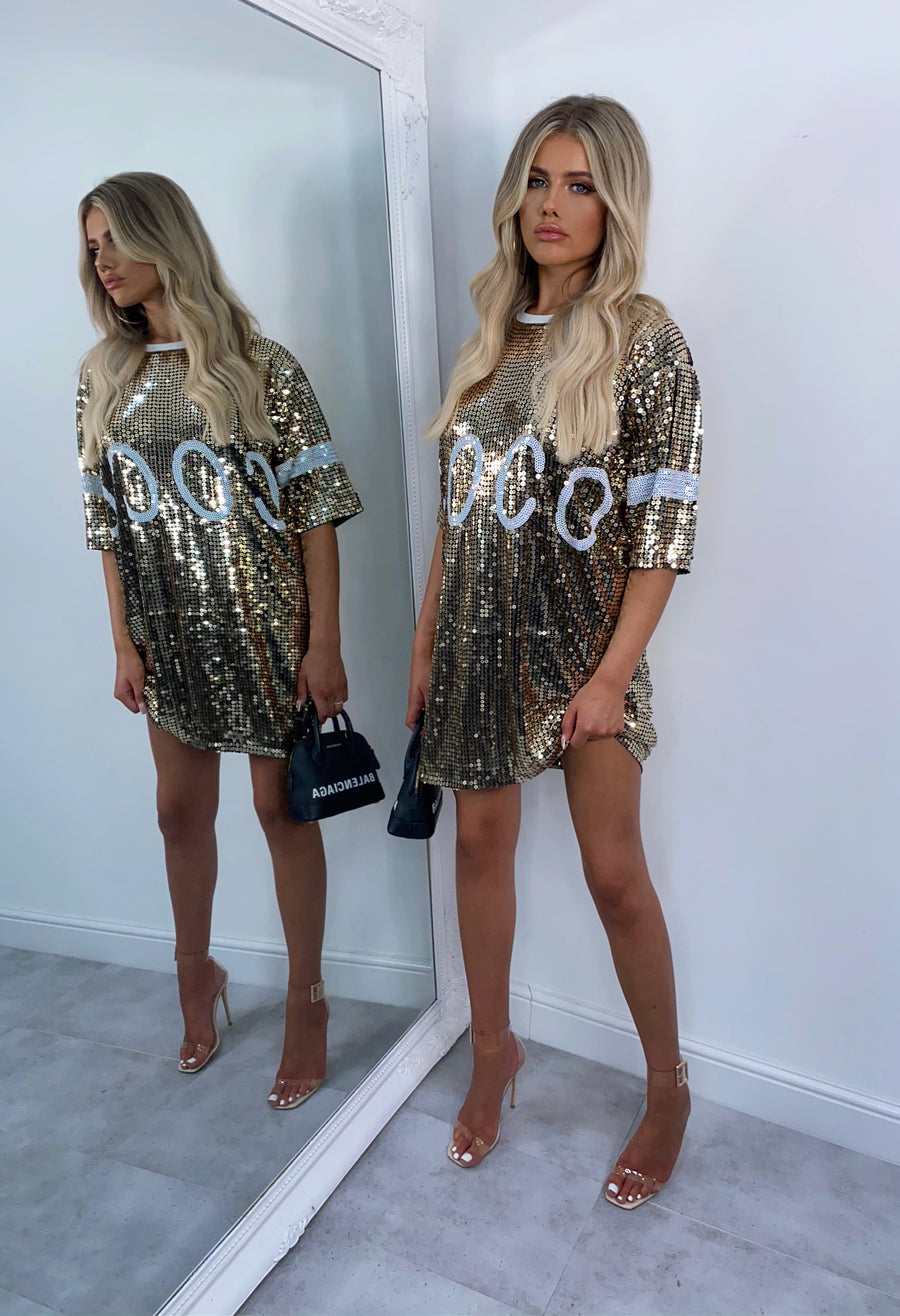 Cardi Sequin T-shirt Dress - Coco Gold ...